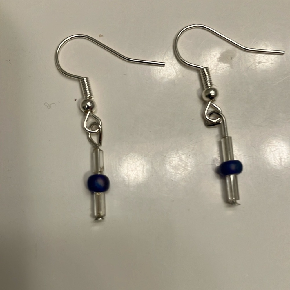 Silver glass beads with blue iridescent beads earrings. (See matching bracelet)